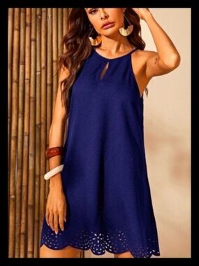 💕Boho Laser Cut Tie Scallop Halter Dress NEW💕